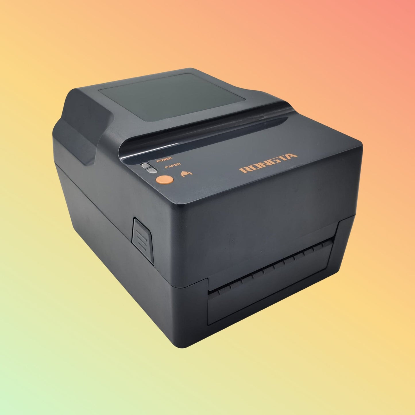 "Rongta RP400 Barcode Printer showing the USB, serial, Ethernet, and Bluetooth ports for versatile connectivity options in various work environments."