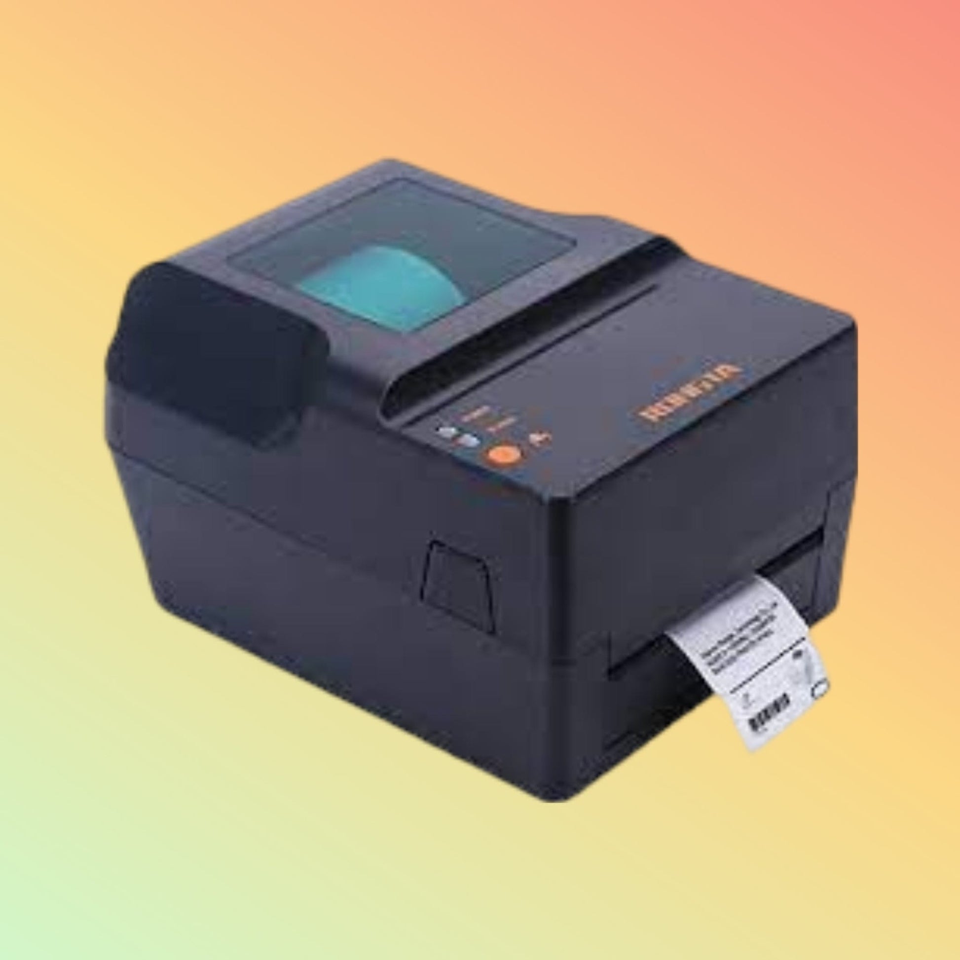 "Side profile of the Rongta RP400 Barcode Printer, emphasizing its durable construction and automatic label peeling feature for efficient printing."