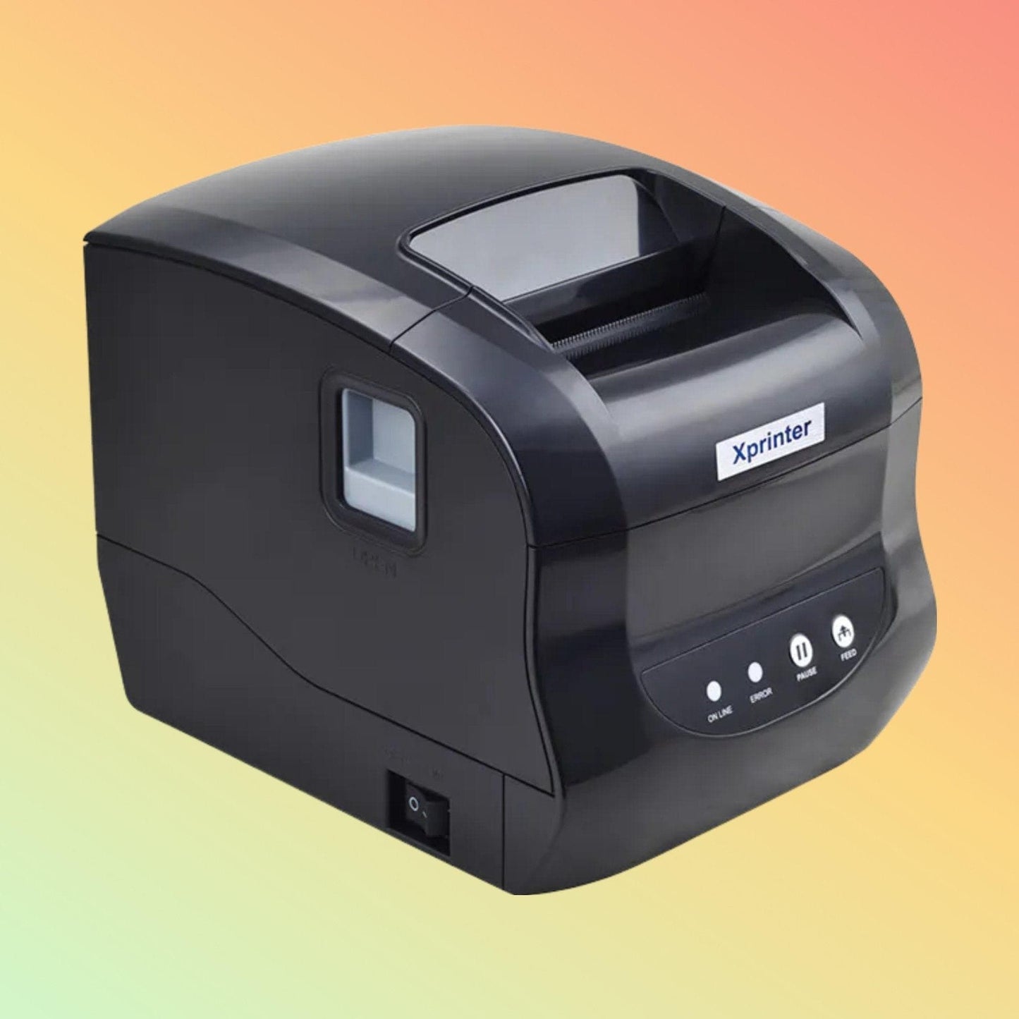 "Side view of Xprinter XP-365B highlighting its robust build and media handling capability."