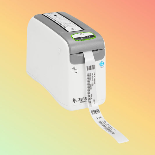 "Zebra HC100 Wristband Printer compact design for healthcare use."