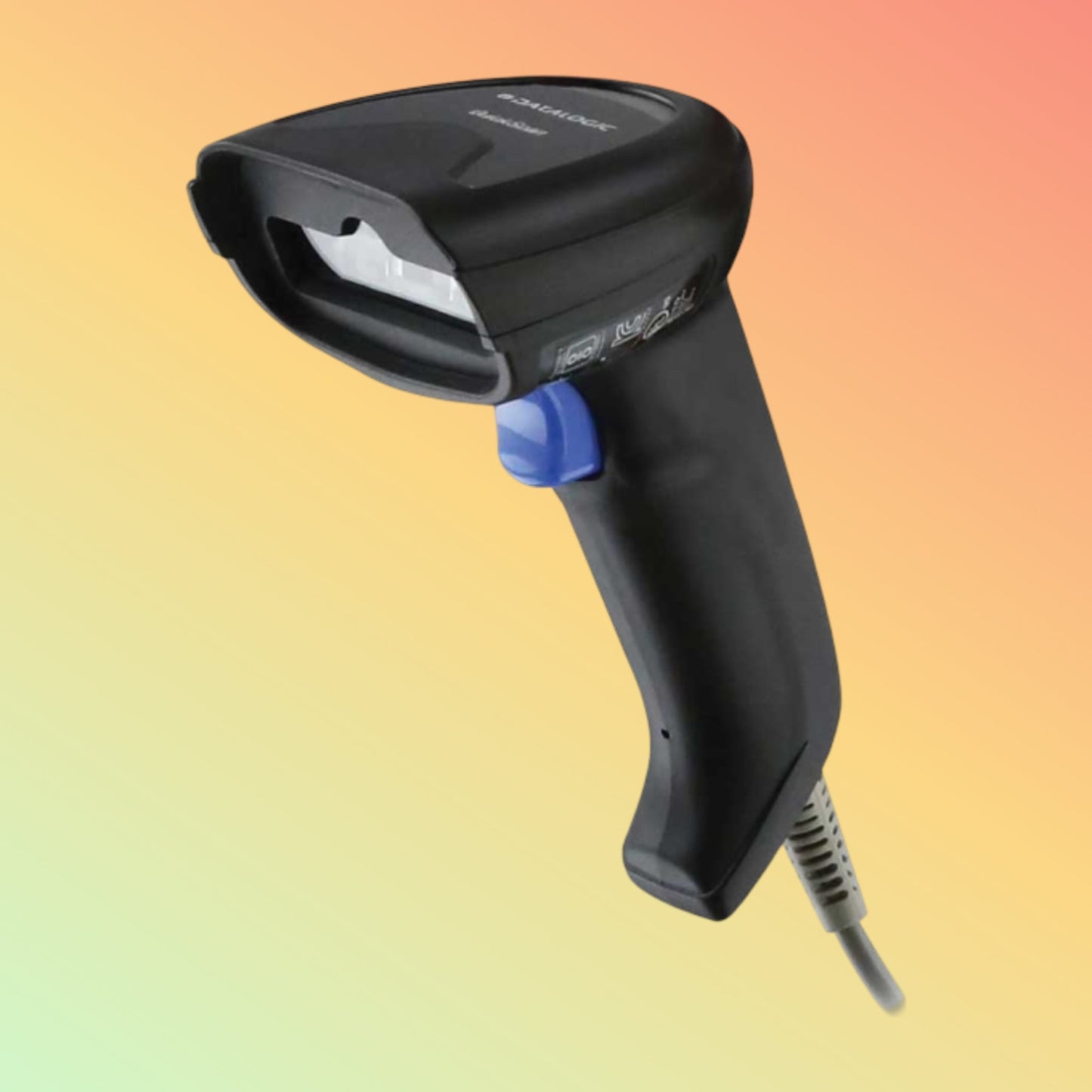 Alt="Datalogic QuickScan 2200 series barcode scanner in hand, showcasing its sleek design and quick scanning."