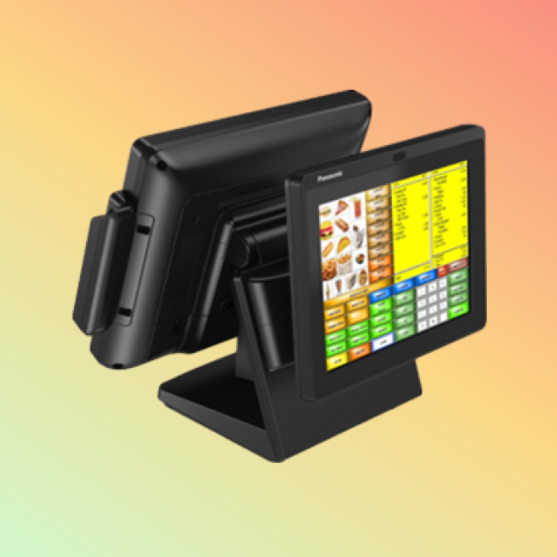 Alt="Sleek Panasonic STINGRAY III point-of-sale system on a store counter, highlighting its compact and modular design."