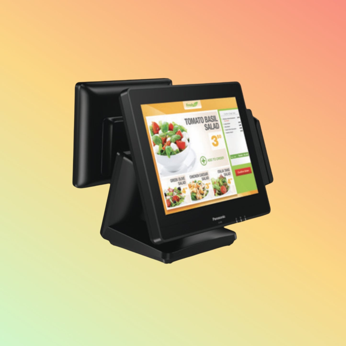 Alt="Interactive Panasonic STINGRAY III POS system in a coffee shop, showcasing easy order entry and payment."