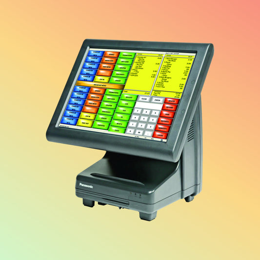 Alt="Panasonic JS-925WS POS workstation operational in a retail store, showing its sleek interface and durability."