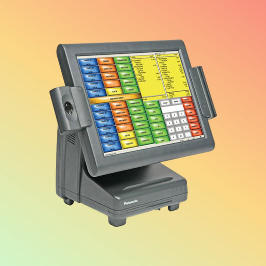 Alt="Panasonic JS920WS Lite-ray POS workstation showcasing its slim profile and advanced touch screen technology."