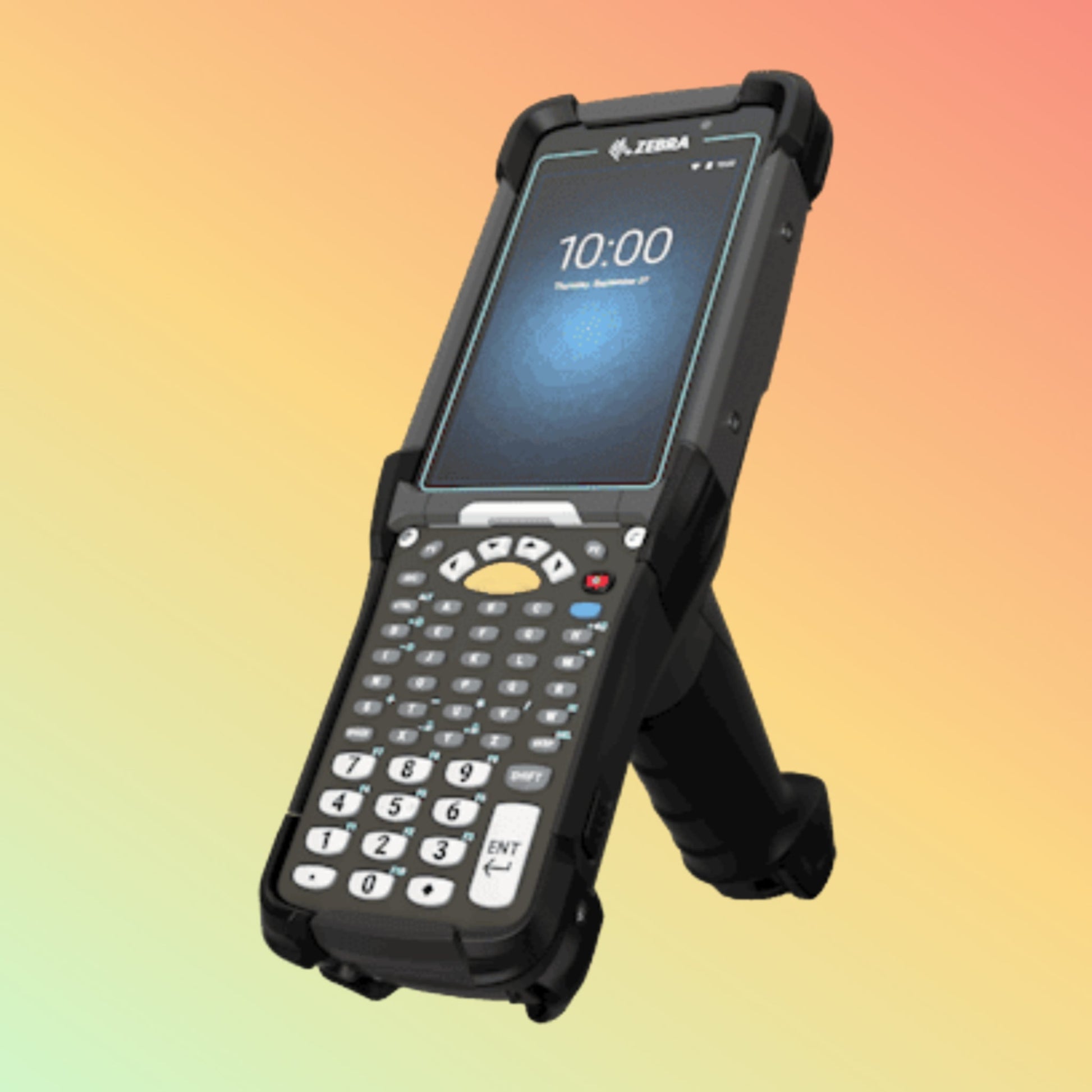 Alt="Zebra MC9300 used by a warehouse worker, showcasing its ergonomic grip and high-resolution screen."