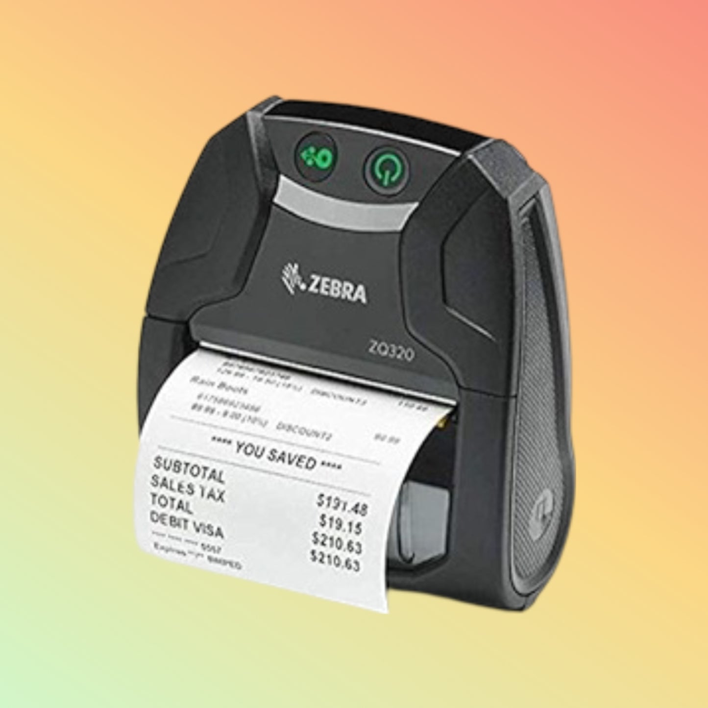 "Zebra ZQ320 3-Inch Mobile Printer - Side View Showing Print Output"