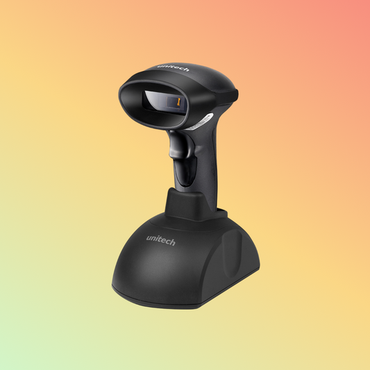 alt="Close-up of Unitech MS842P ESD wireless 2D imager scanner"