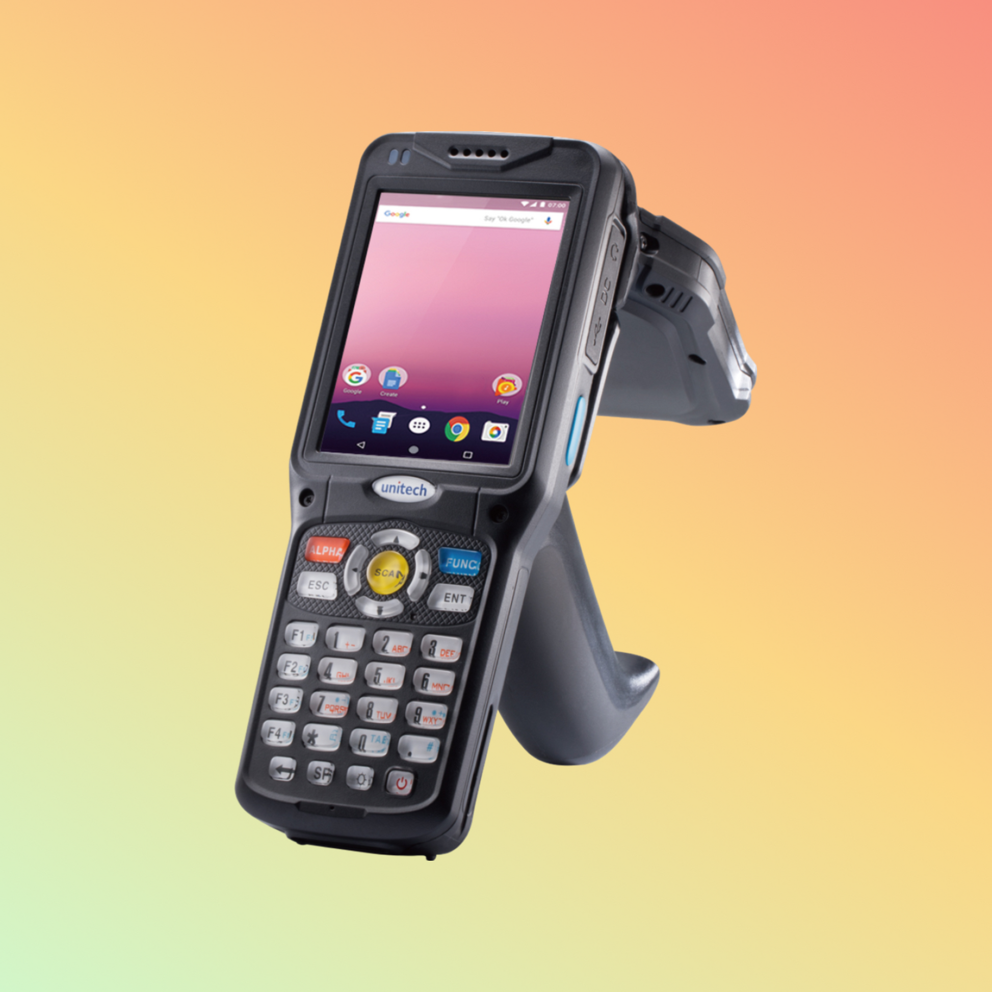 alt="Unitech HT510 UHF RFID rugged handheld terminal designed for industrial environments, featuring a durable build, high-resolution display, and advanced data capture tools."