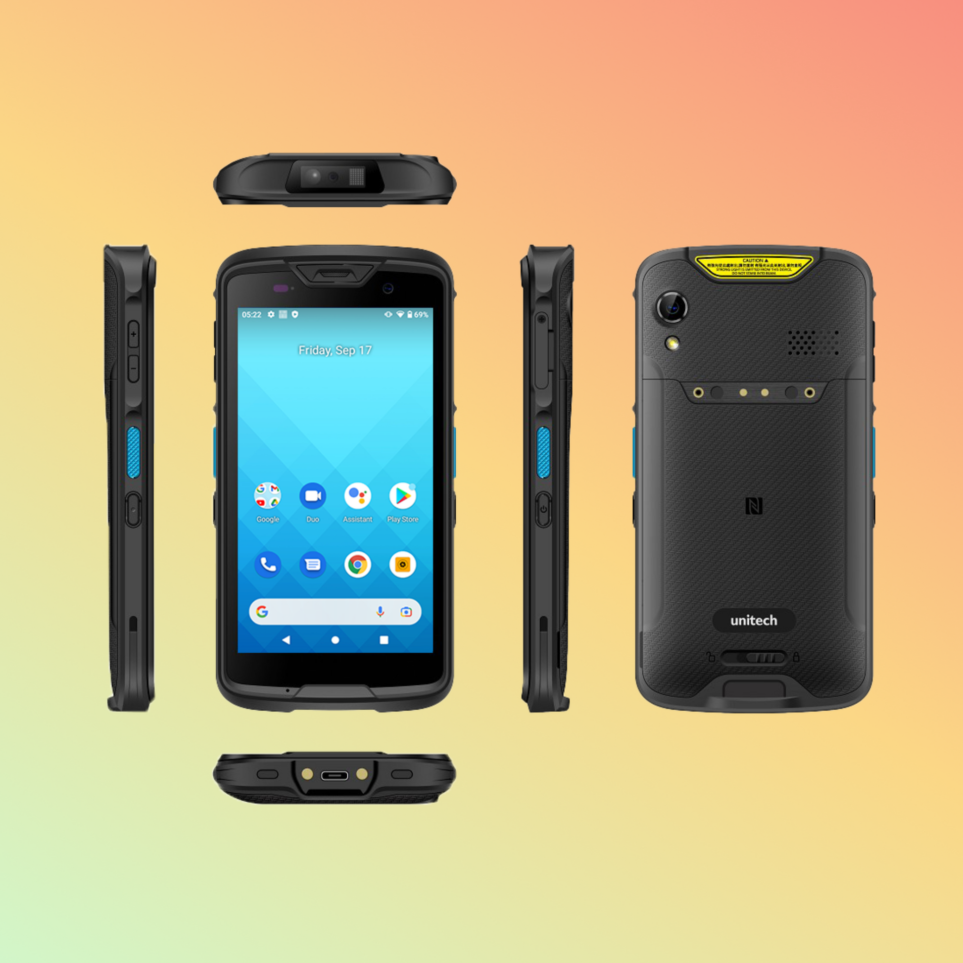 alt="Rugged Unitech EA520 smartphone with reinforced casing, built for harsh environments, equipped with a high-resolution camera and robust scanning functions."