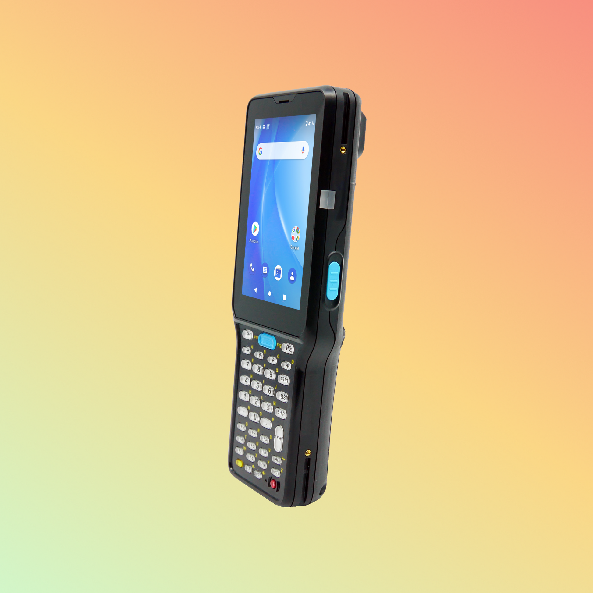 alt="Rugged Unitech HT730 handheld terminal with a 4-inch display, ideal for warehouse and fieldwork, offering a robust design and versatile connectivity options."