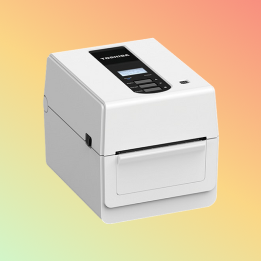 alt="TOSHIBA BV410D thermal label printer for robust and reliable business labeling"