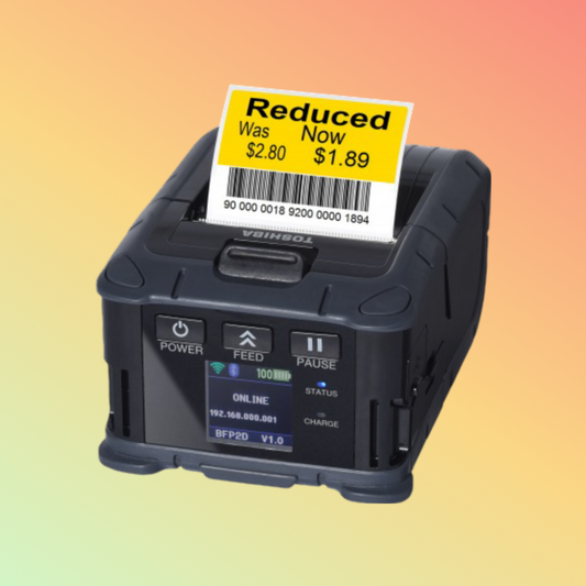 alt="TOSHIBA B-FP2D portable label printer for on-the-go printing needs"