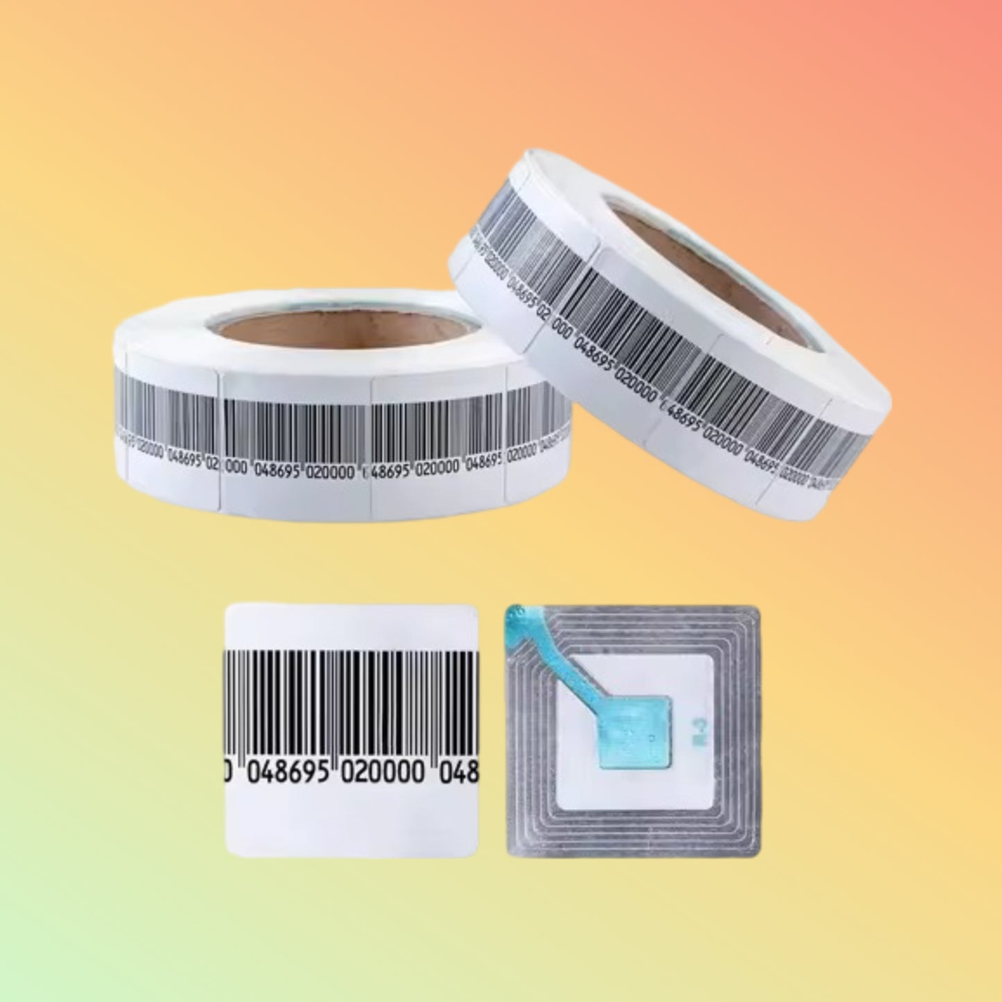 "RF Soft Label 40x40mm, white, applied to product packaging."