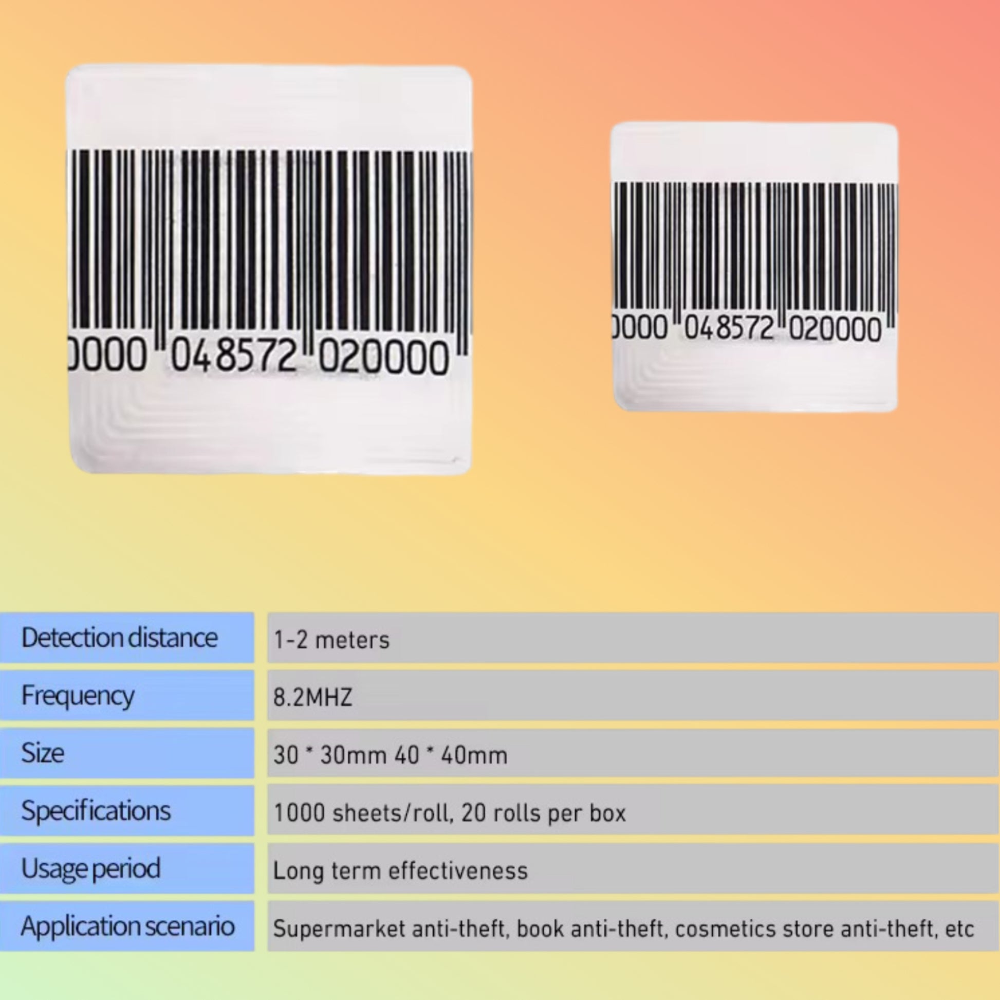 "RF Soft Label 30x30mm, white, applied to product packaging."