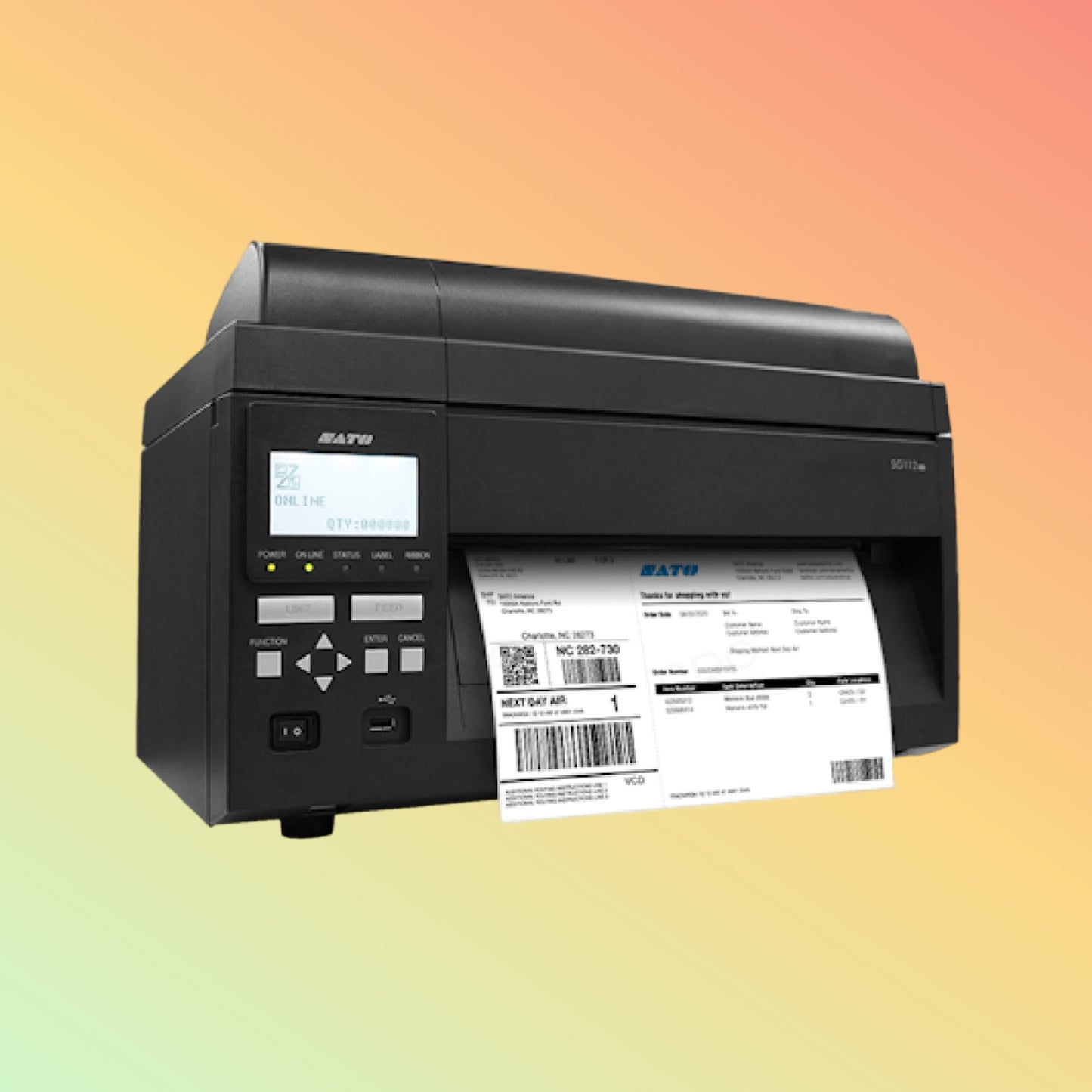 "Close-up of SATO SG112-ex displaying wide-format label printing"