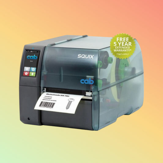 "Cab SQUIX printer front view with high-resolution label print."