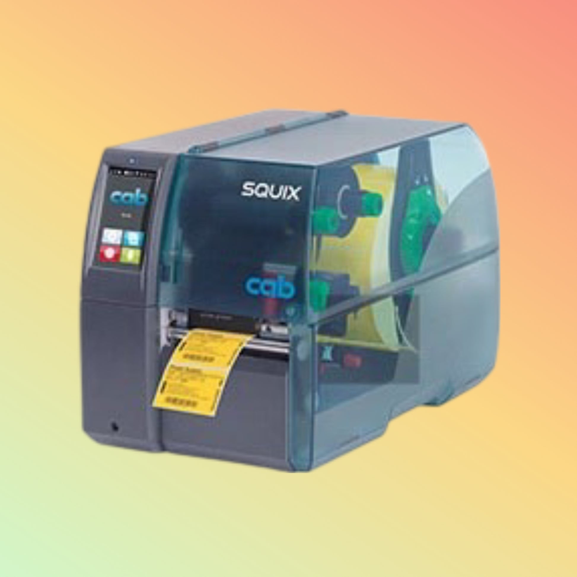 "High-speed Cab SQUIX printer printing a large logistics label."