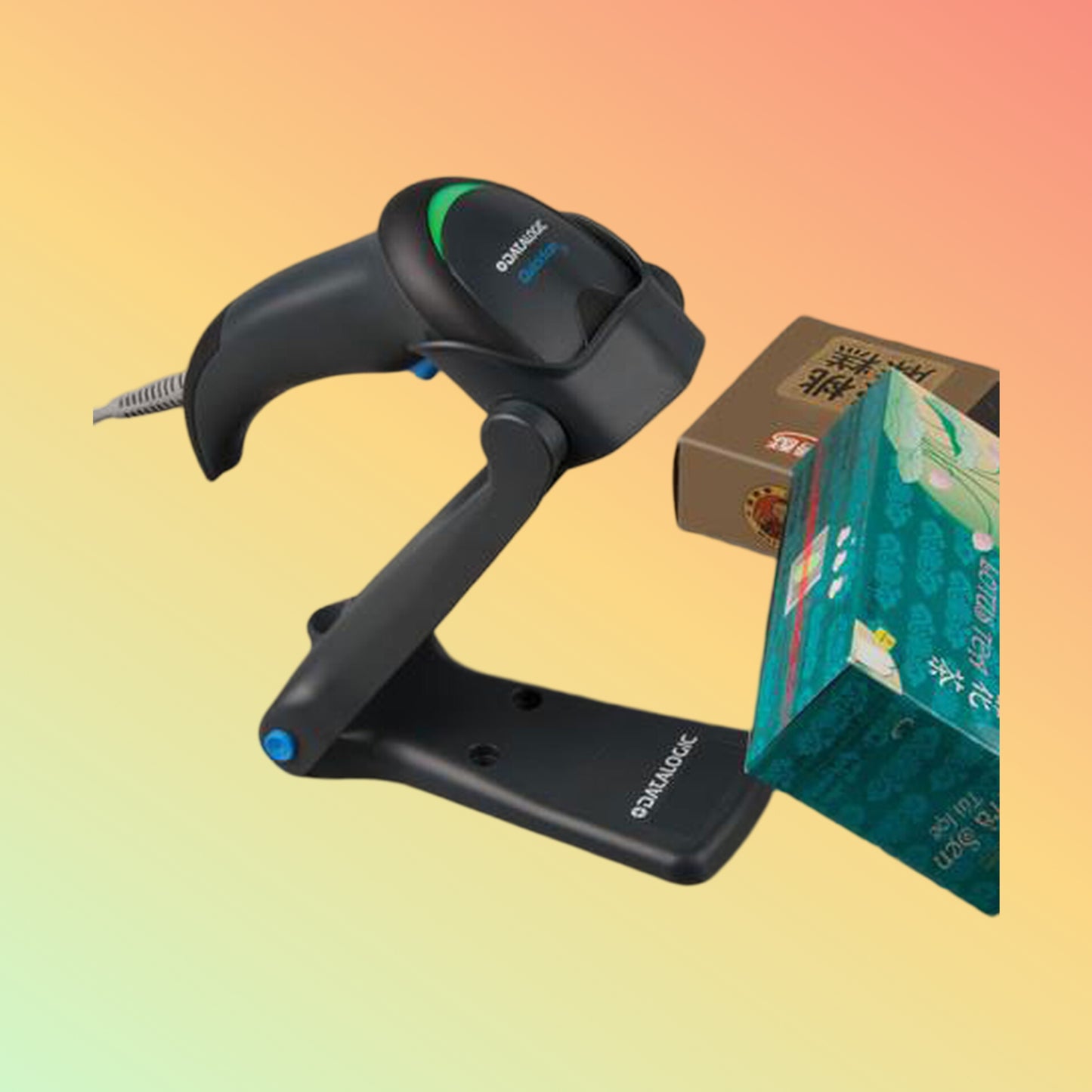 "Datalogic QW2120 Barcode Scanner connected via USB, ready for integration with various operating systems."