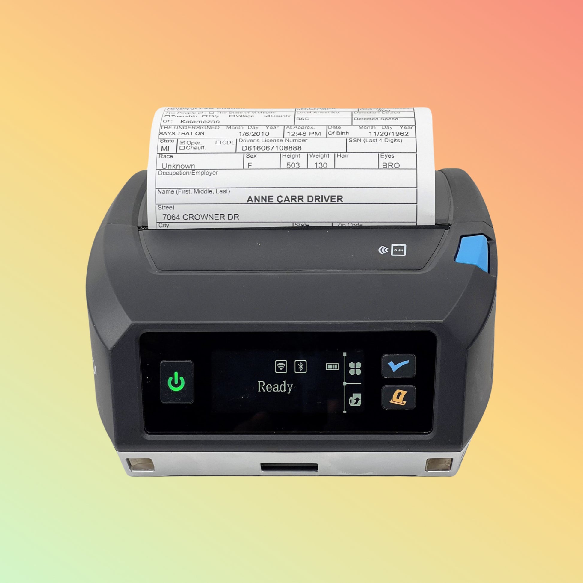 Alt Text 1: Compact and rugged FP641 FieldPro Series mobile printer.