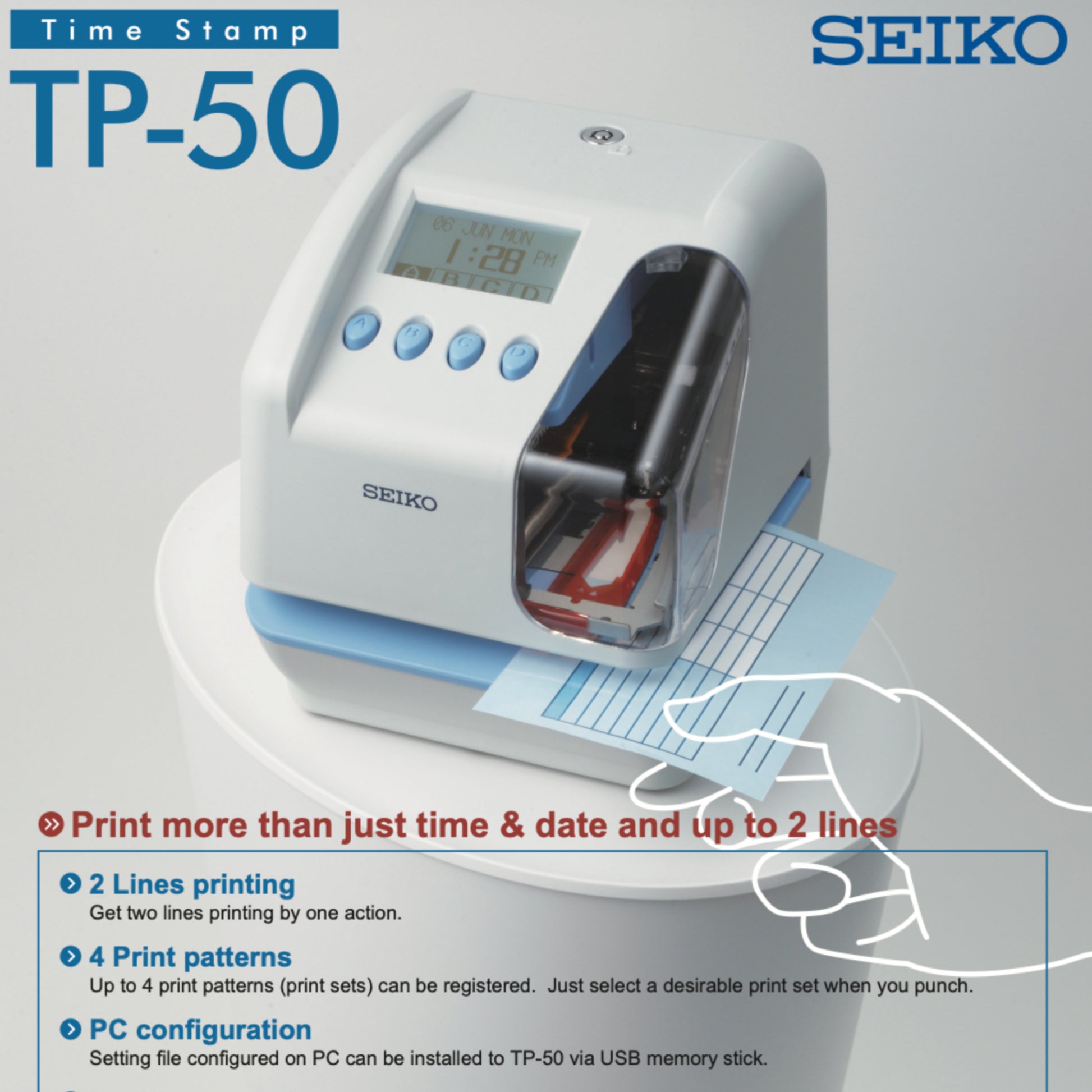 Alt Text 4: Seiko TP50 Time & Date Stamp Machine in use.