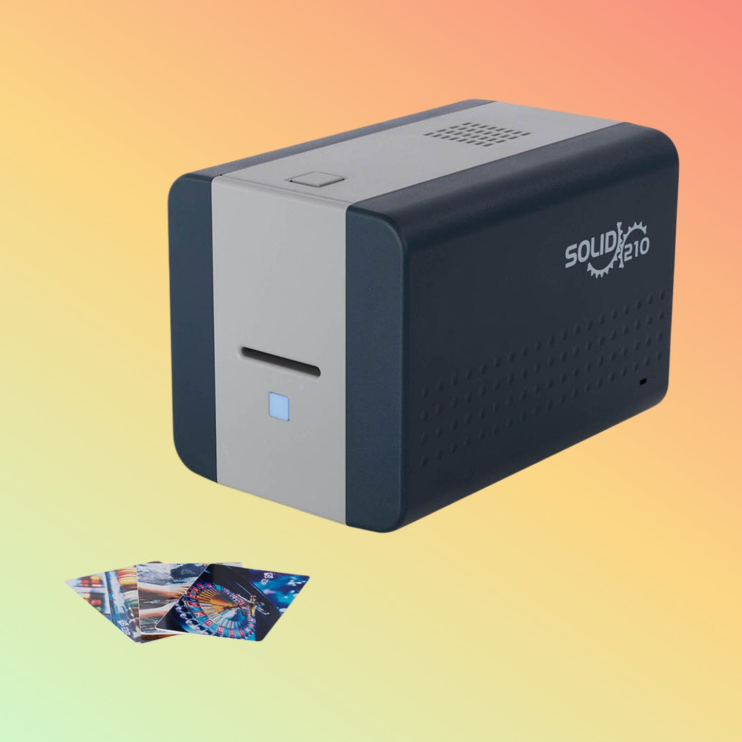 "IDP SOLID-210R ID Card Printer displaying high-resolution, clear ID card output."