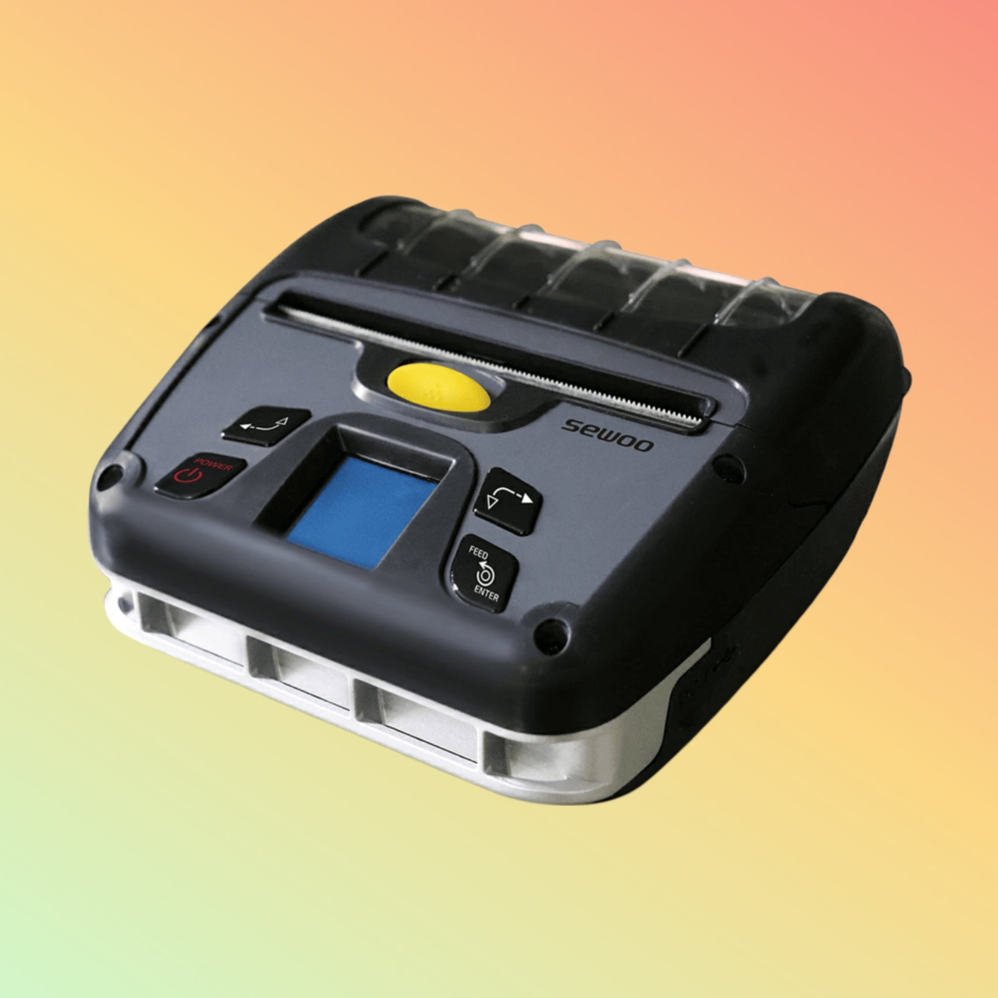 "Sewoo LK-P400 Mobile Printer showing compact and durable design with transparent cover for paper status check."