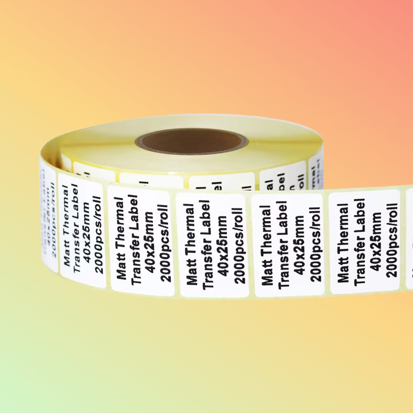 Close-up of Thermal Transfer Label: Close-up view of a 50x25mm thermal transfer label showcasing its adhesive paper and print quality.