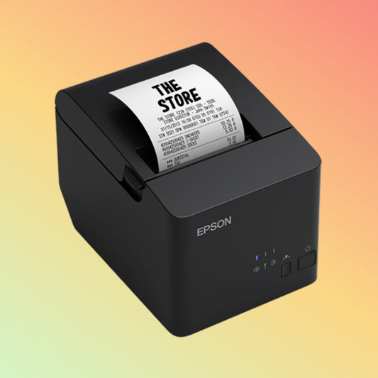 "Epson TMT100 Thermal Receipt Printer connected and ready for use, highlighting its sleek design."