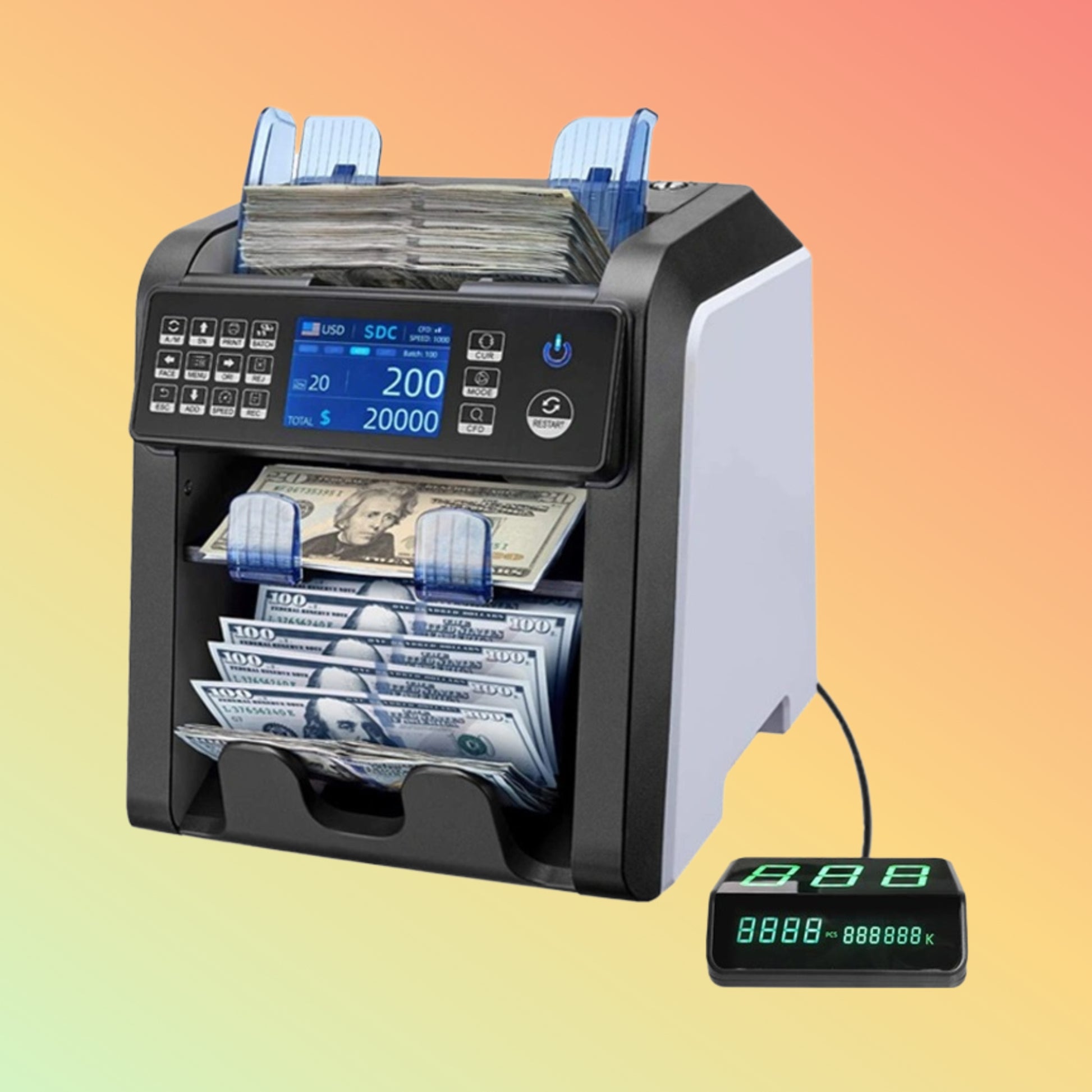 NOGTEK AL950 Multi-Currency Counter in use at a bank, counting various denominations.