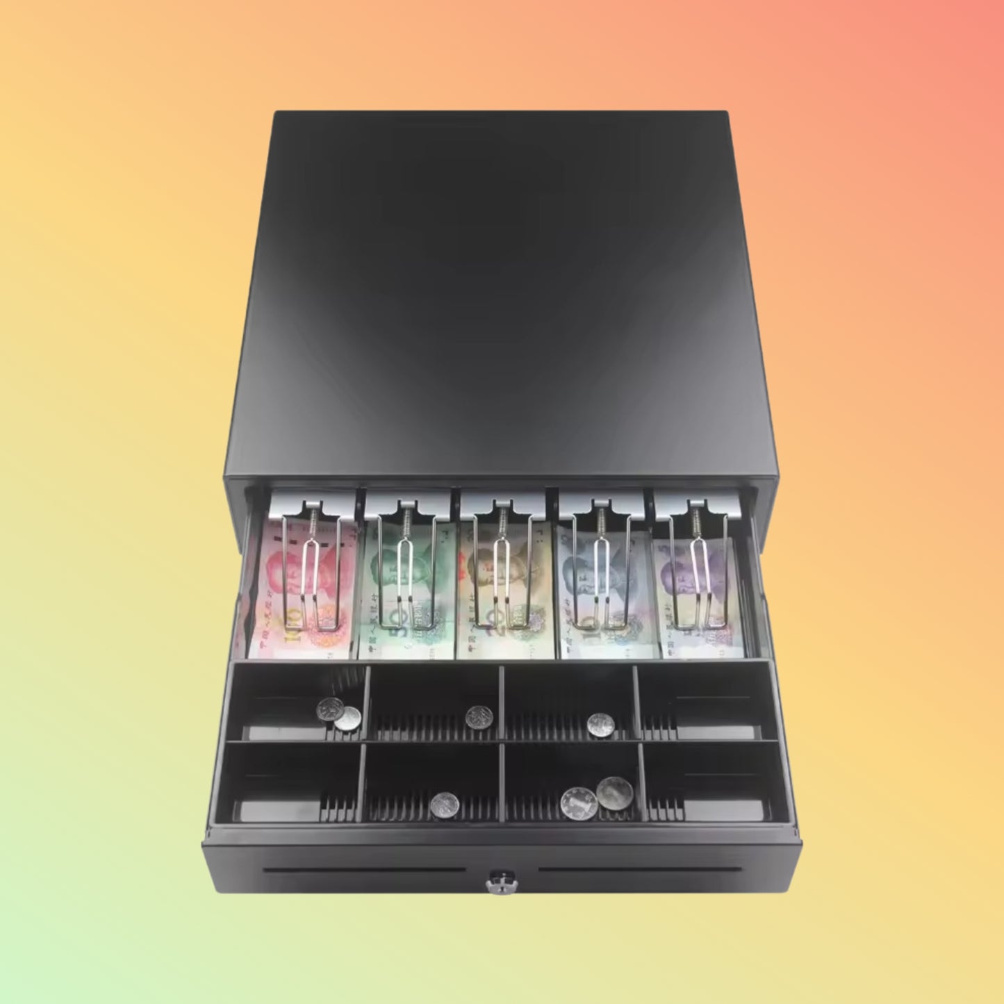 NEOPOS NP-R460 Cash Drawer Front View: Sleek black metal cash drawer with 5 note and 8 coin slots.