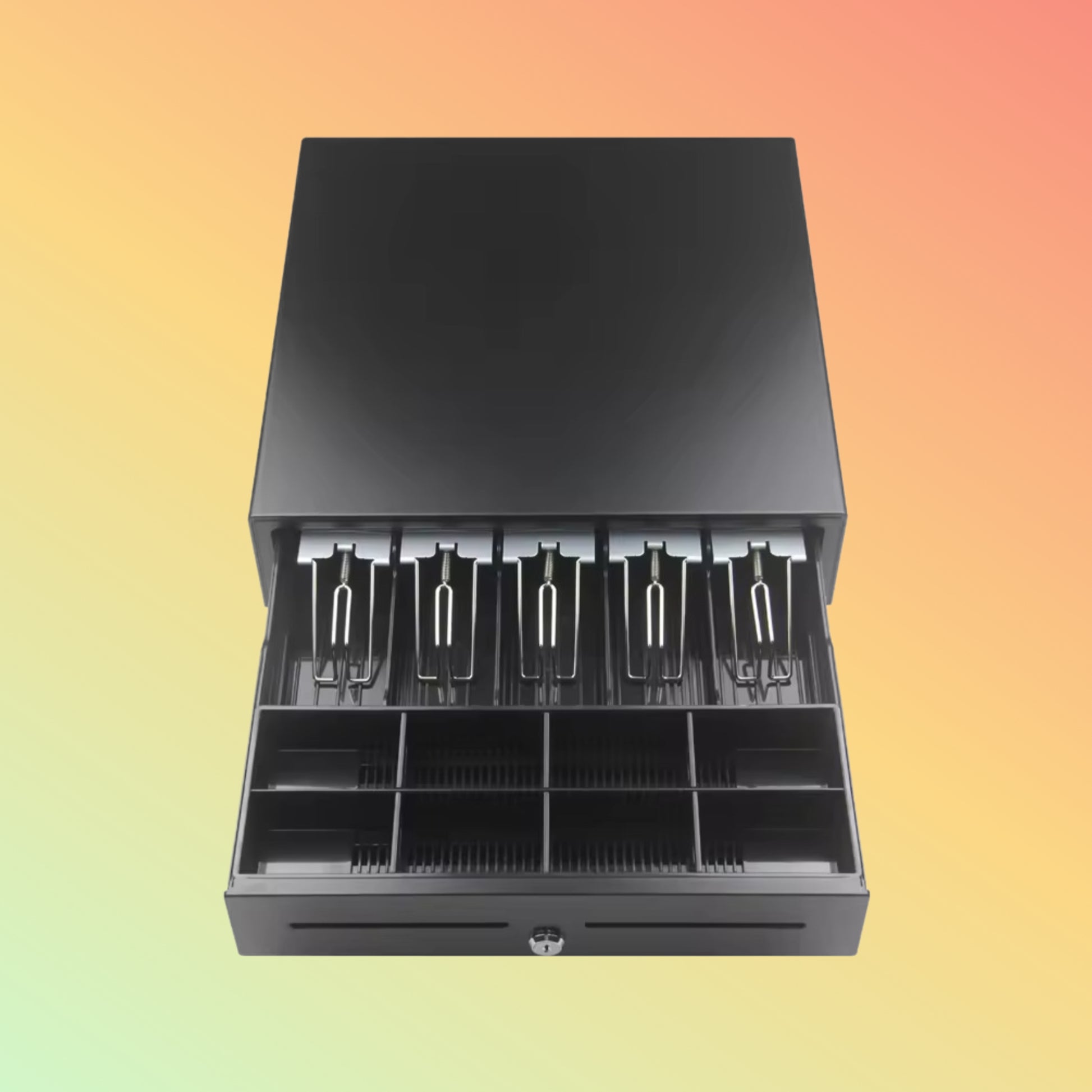 NEOPOS NP-R460 Cash Drawer Open: Open drawer showcasing organized compartments for notes and coins.