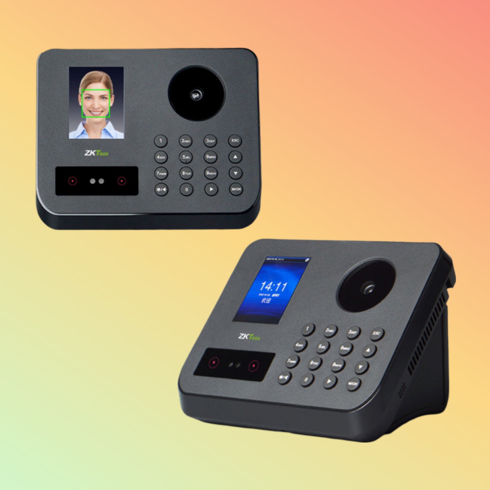 Front view of ZKTeco P300 Biometric Time Attendance showing face, palm, and fingerprint recognition.