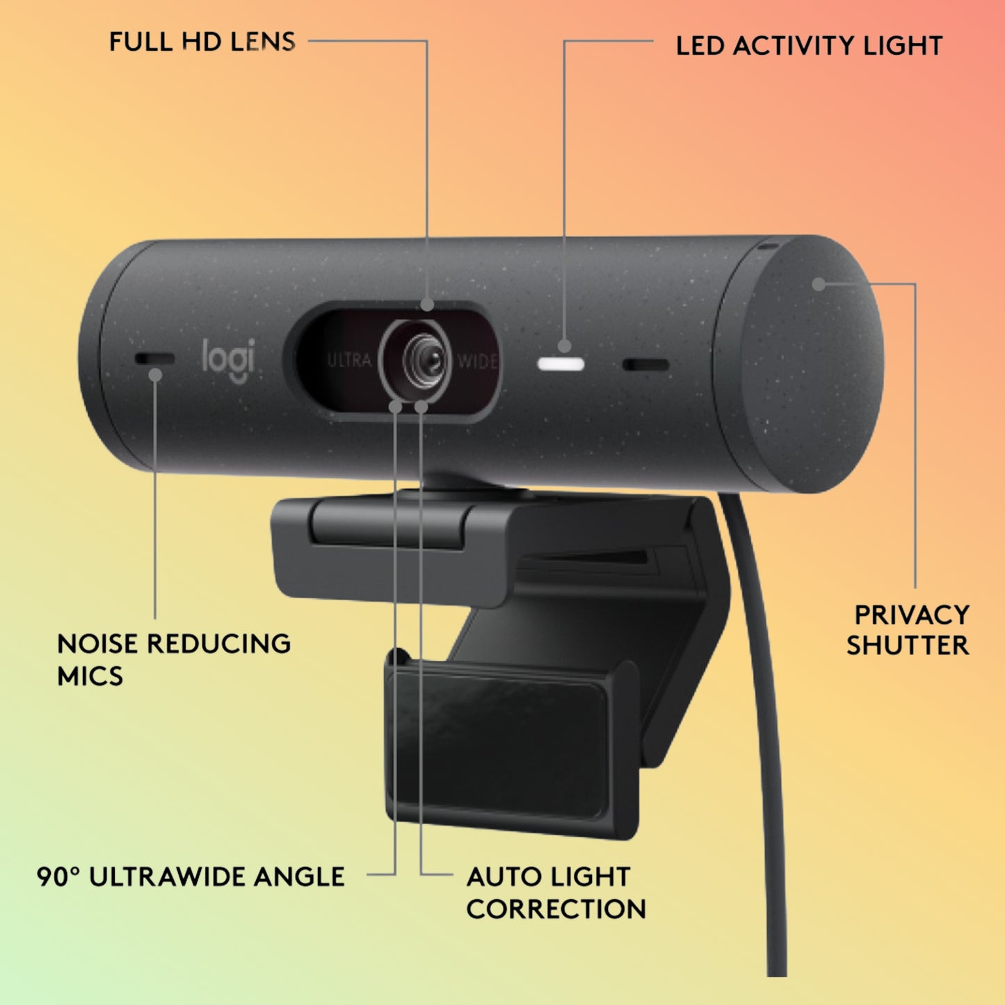 "Close-up of Logitech Brio 500 HD Webcam lens with advanced light correction."