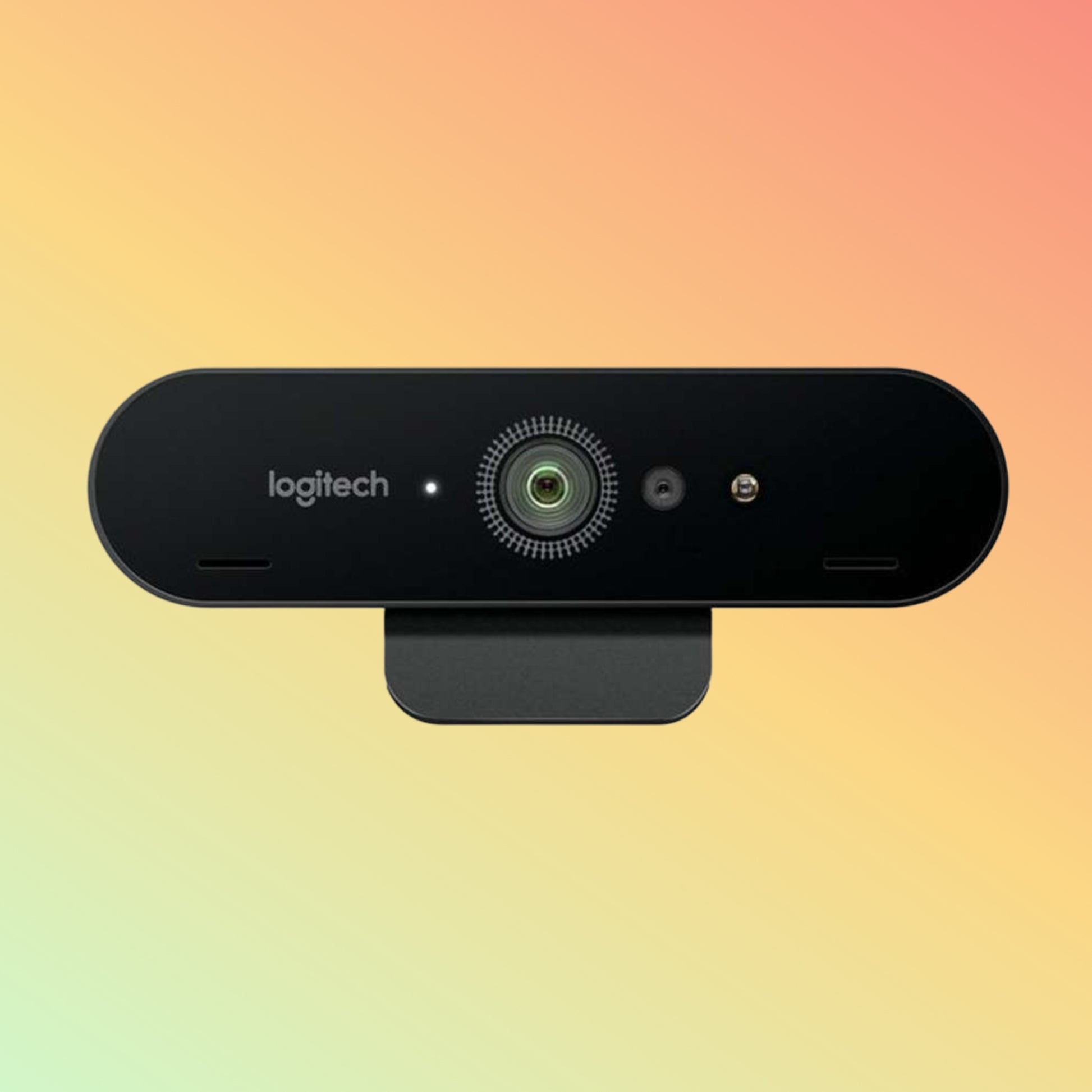 "Logitech BRIO 4K webcam showing its USB cable and accessories"