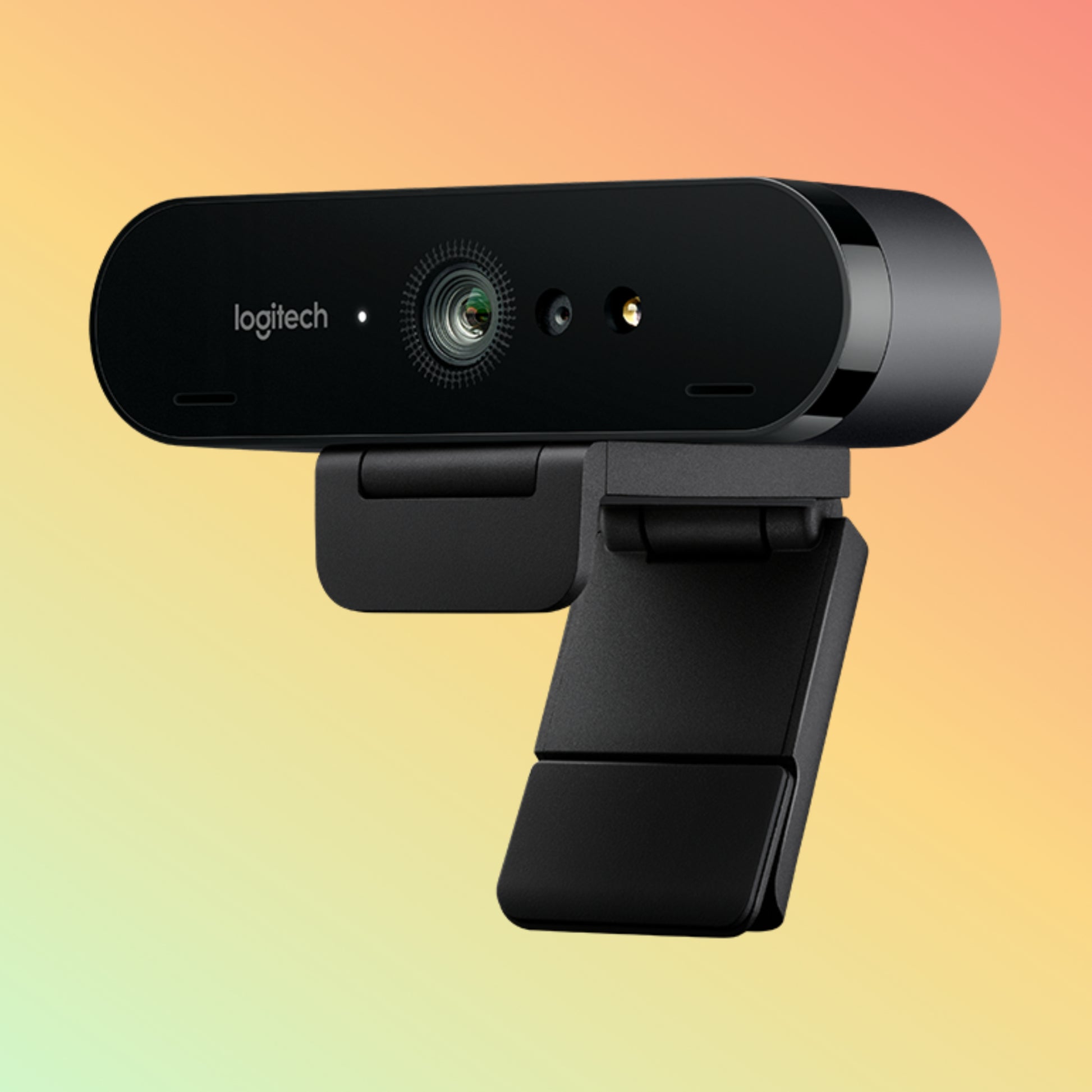 "Logitech BRIO webcam with privacy shade flipped down"