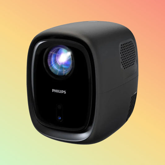 "Philips NeoPix 130C Home Projector showcasing its compact design in sleek black finish."