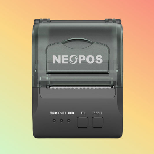 NEOPOS NP-R5810 side view, showing compact design and USB/Bluetooth ports.