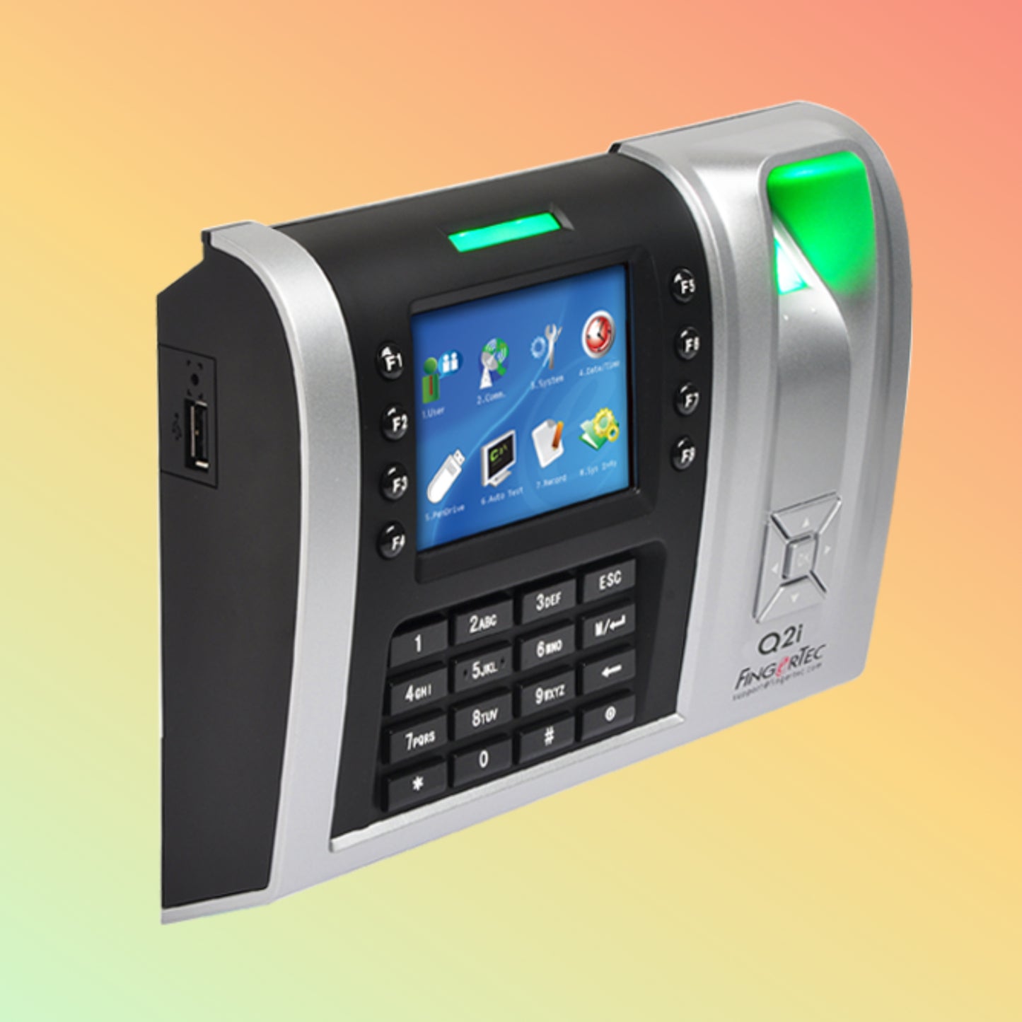 Q2i Time Attendance System Displaying Fingerprint Scanning Interface