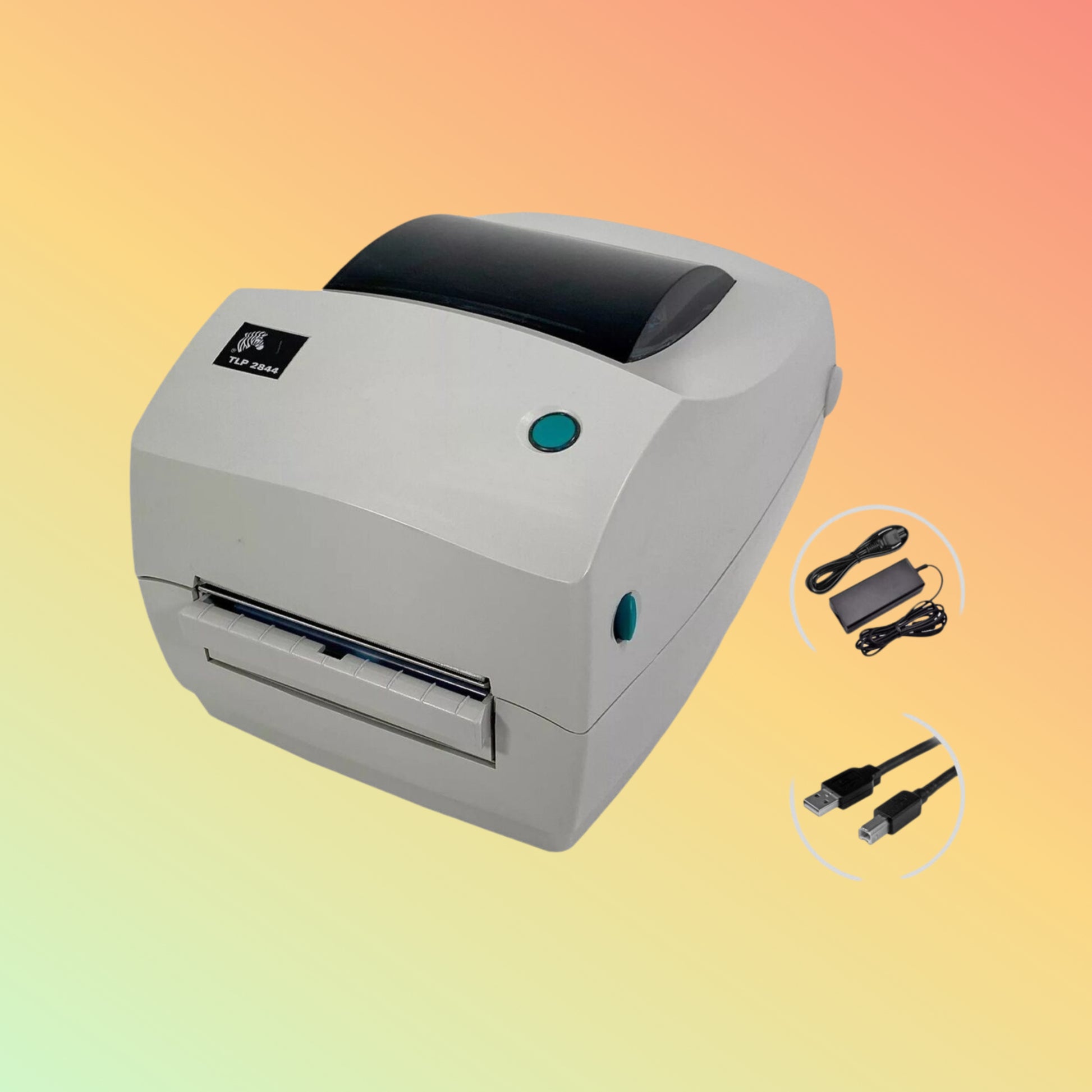 "Complete package contents of Zebra TLP 2844-Z Thermal Label Printer."