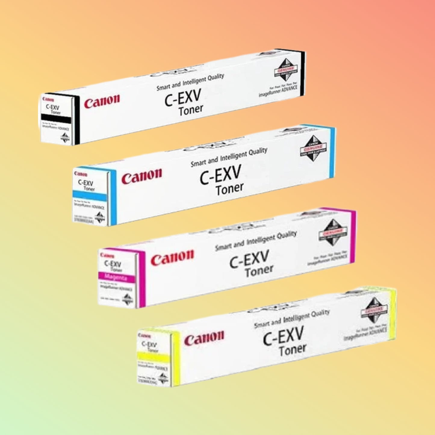 Canon CEXV-65 toner cartridges aligned with packaging.