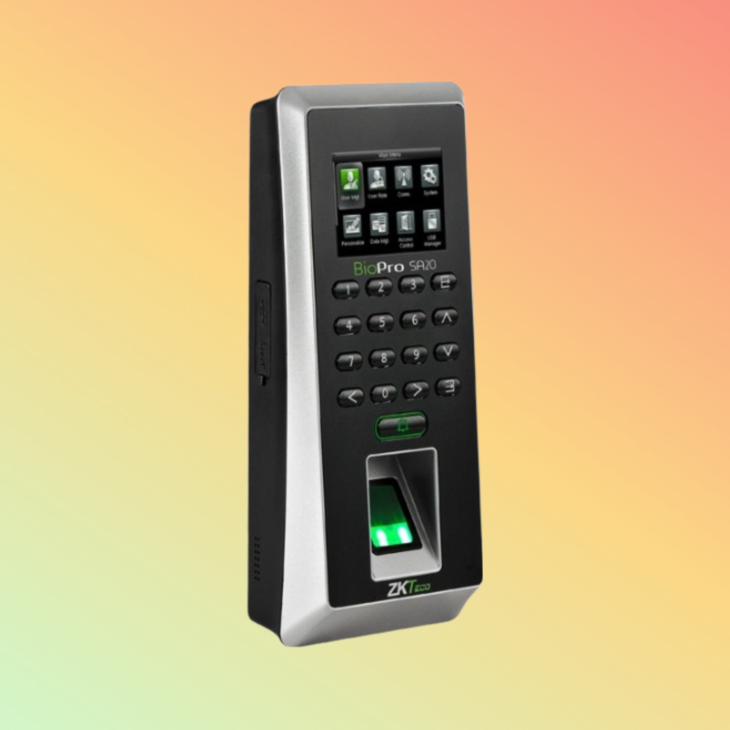 "ZKTeco BioPro SA20 biometric terminal with fingerprint scanner."