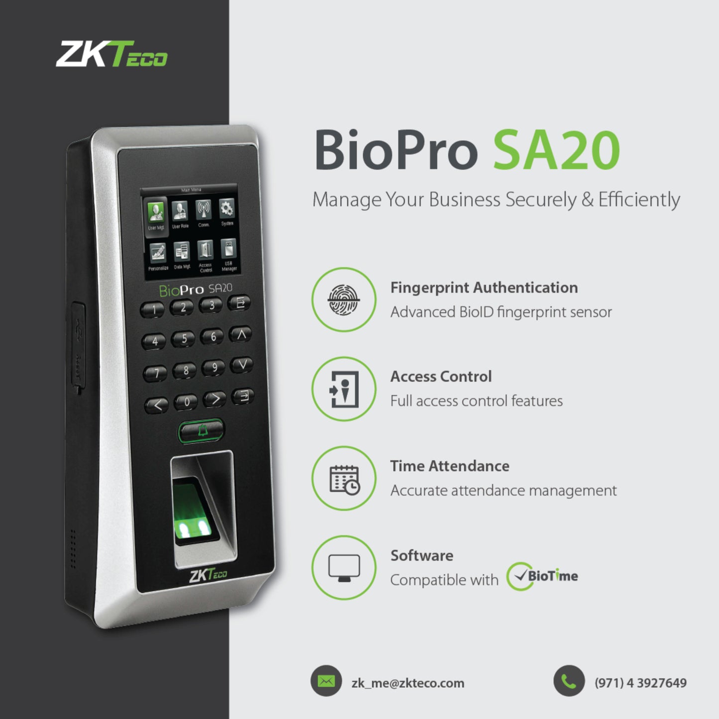 "Packaging of ZKTeco BioPro SA20 showing all accessories included."