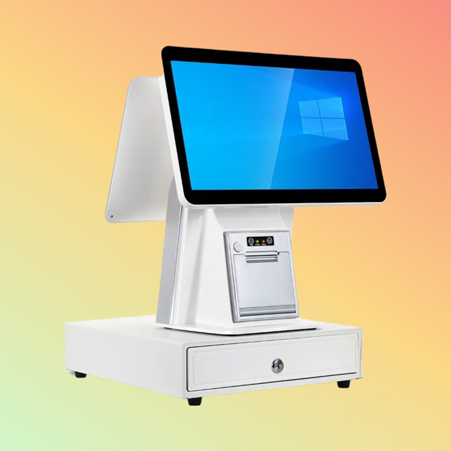 Dual-screen POS system with white finish and built-in printer.