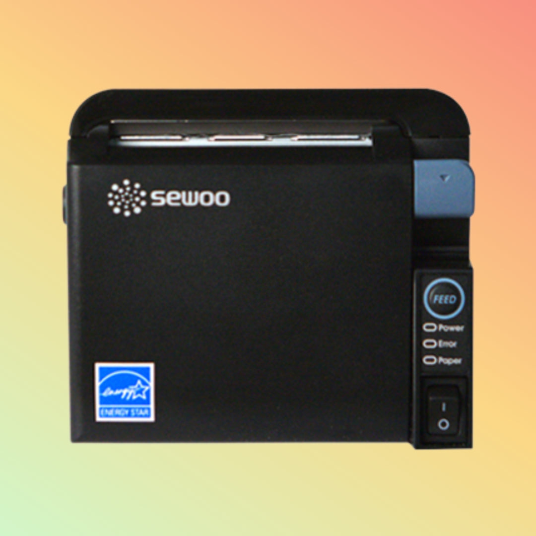 "Front view of SEWOO SLK-TE25 POS Printer showcasing spill-proof design."