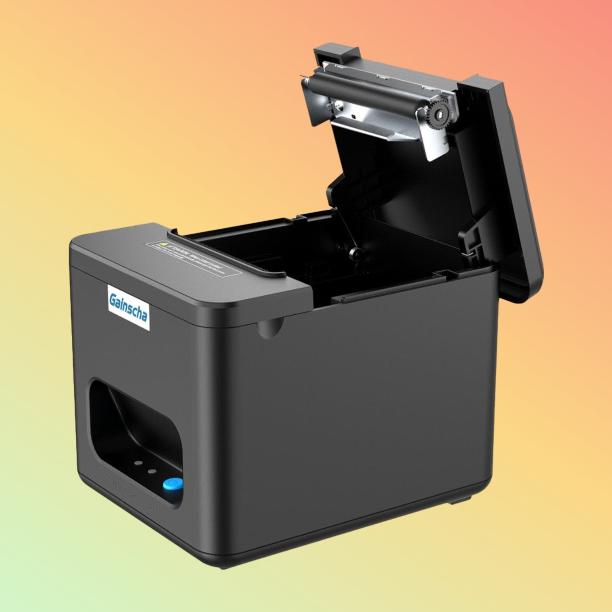 Detailed view of GA-E200I printer's connectivity options: USB, Ethernet, RJ11.