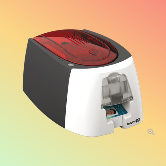 "Evolis Badgy 200 ID Card Printer front view showcasing compact design."