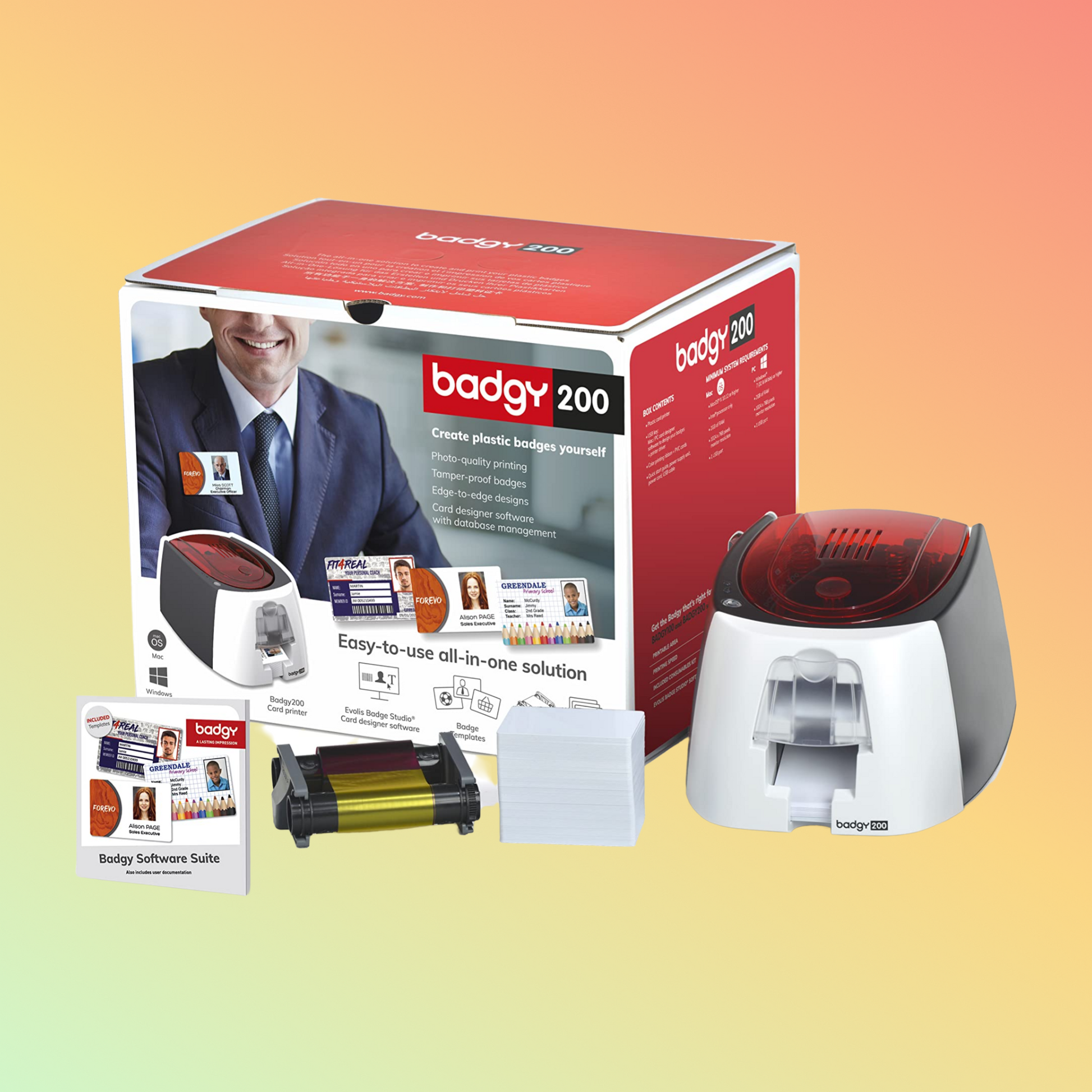 "Badgy 200 printer with included accessories: power supply, USB cable, and ribbon."