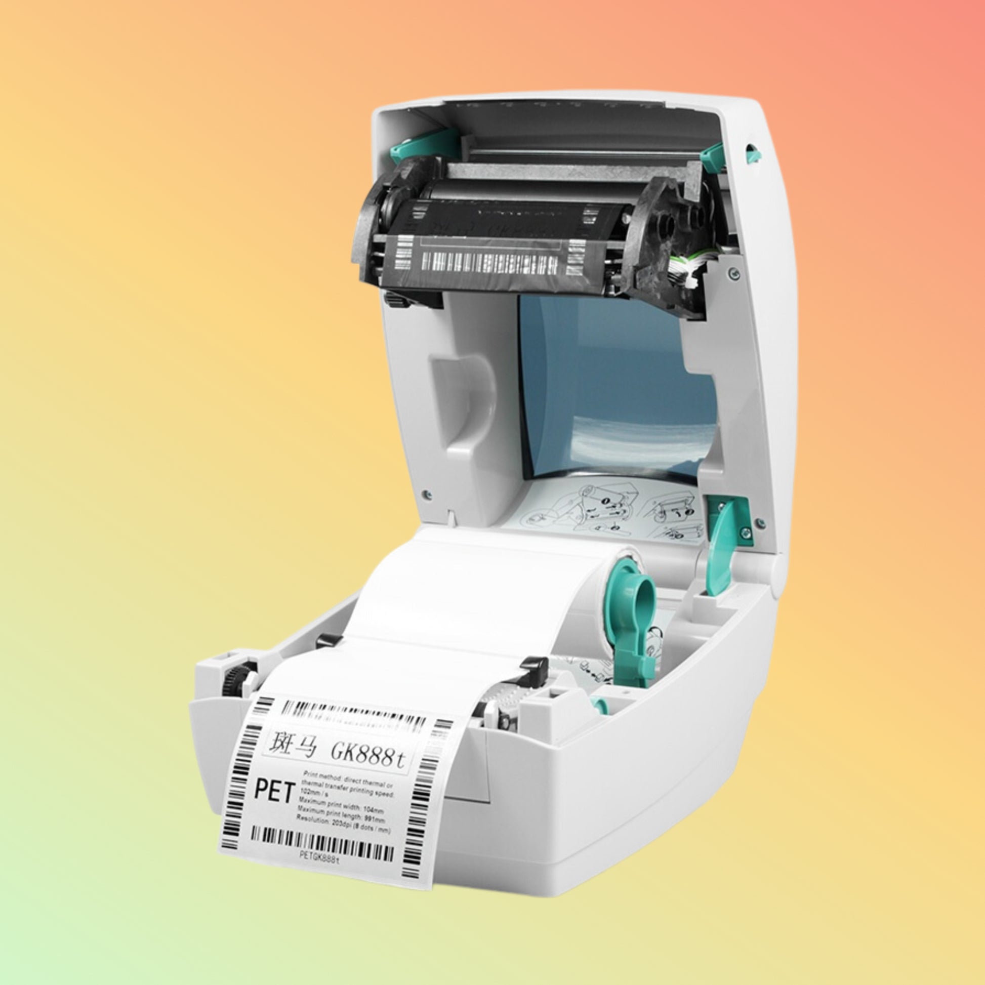 "Reliable GK888T 203dpi label printer with dual printing capabilities, designed for clear and durable labels in business and industrial use."