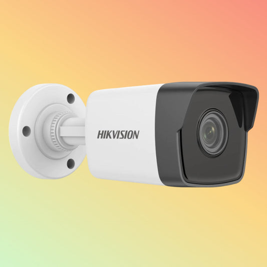 alt="Hikvision 4MP fixed bullet network camera mounted outdoors"